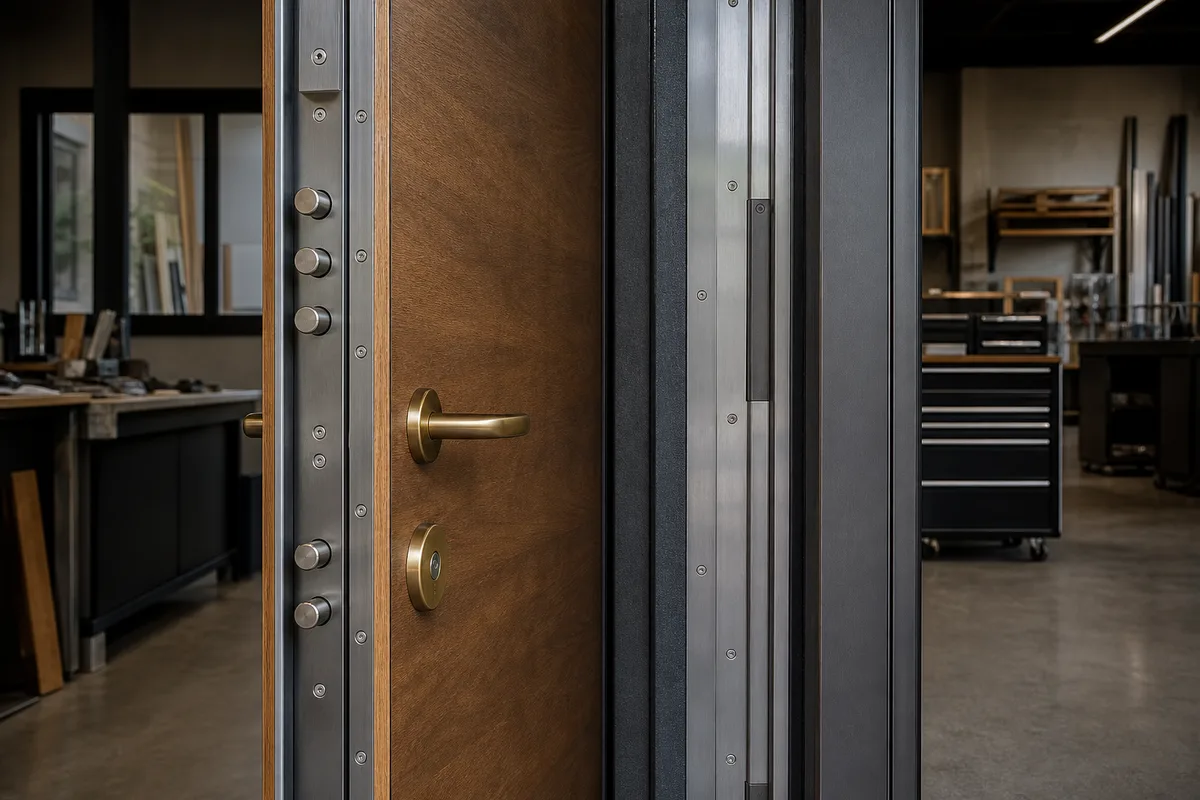 Porte d&rsquo;entrée blindée vue de l&rsquo;intérieur, avec le dormant métallique et ses fixations apparentes