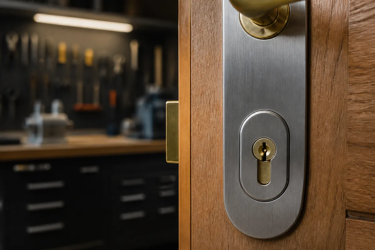Porte d&rsquo;entrée équipée d&rsquo;une serrure certifiée, vue rapprochée sur la platine et l&rsquo;entrée de clé