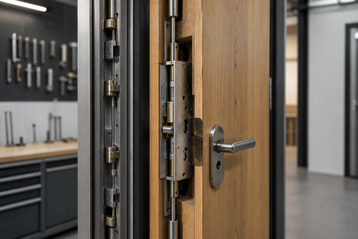 Coupe d’une porte d’entrée montrant les tringles verticales d’une serrure multipoint et leurs gâches