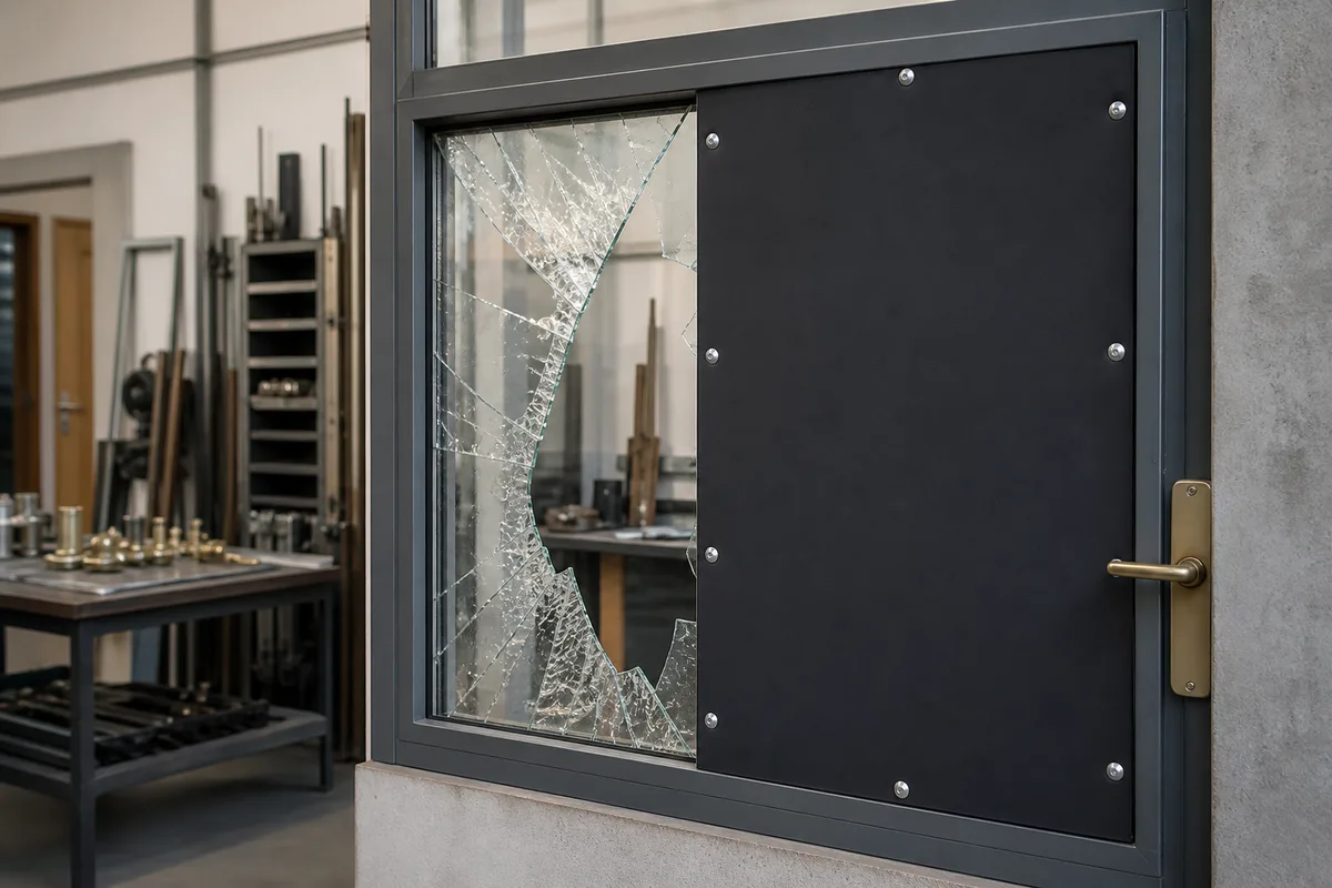Fenêtre au vitrage brisé protégée par un panneau provisoire fixé sur le cadre